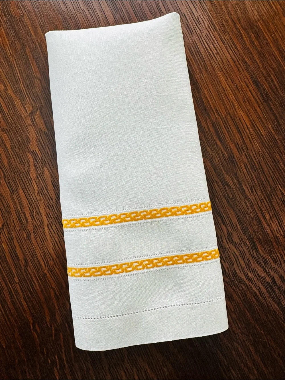 Vintage Hemstitched Linen Napkin with Greek Meander Pattern